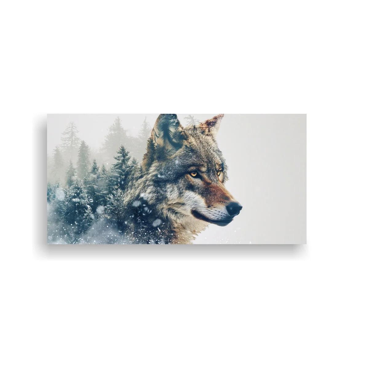 Cuadro lobo gris con bosque de coníferas y nieve
