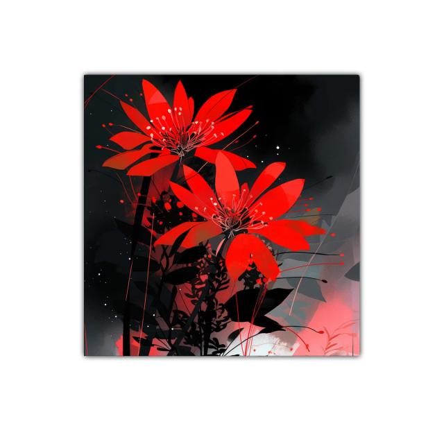 Cuadro decorativo con flores rojas vibrantes sobre fondo oscuro