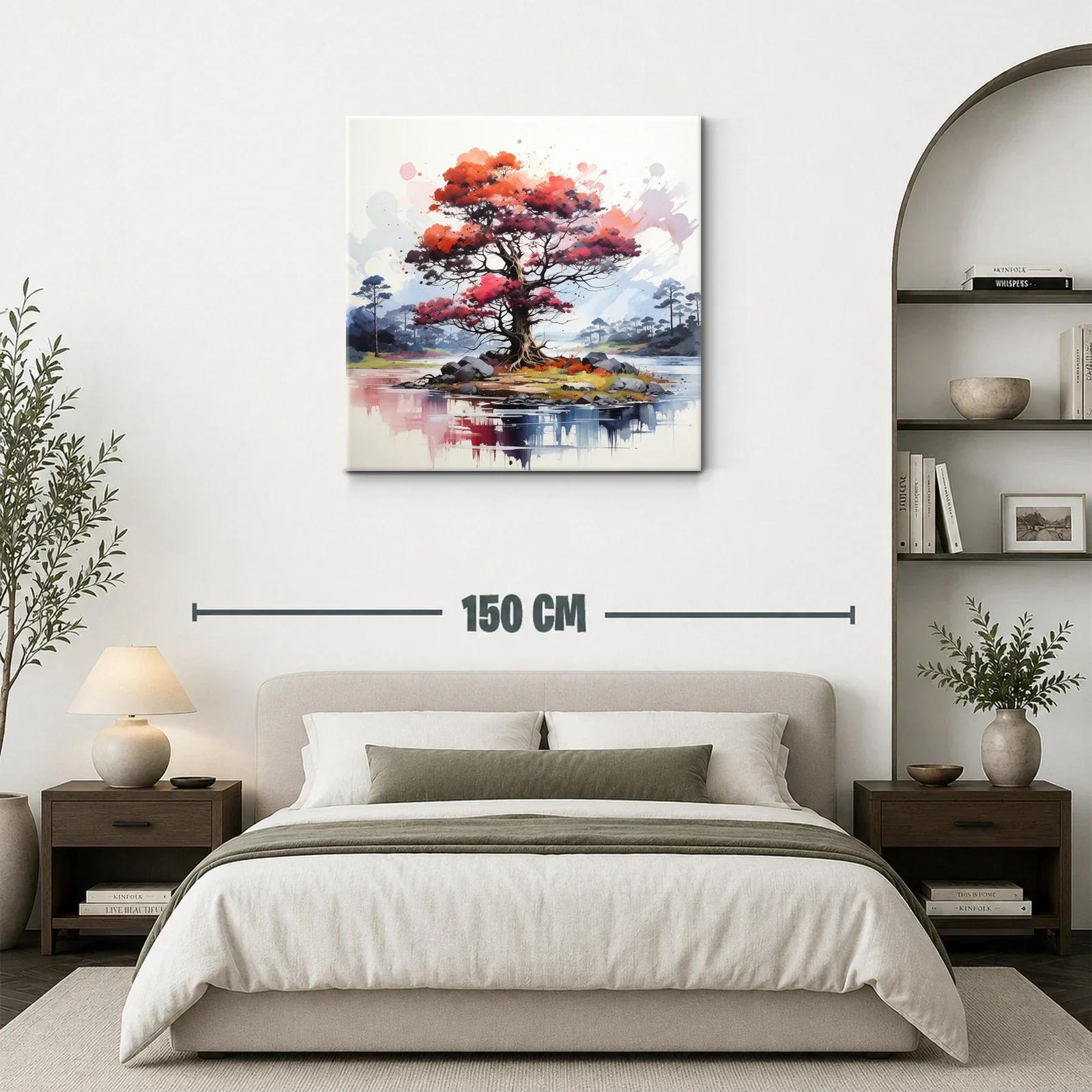 Árbol rojo vibrante en isla serena con reflejos de agua — miniatura 3