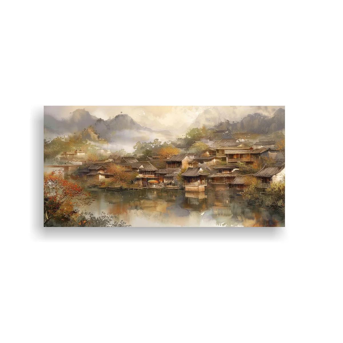 Cuadro pueblo asiático junto al lago con neblina