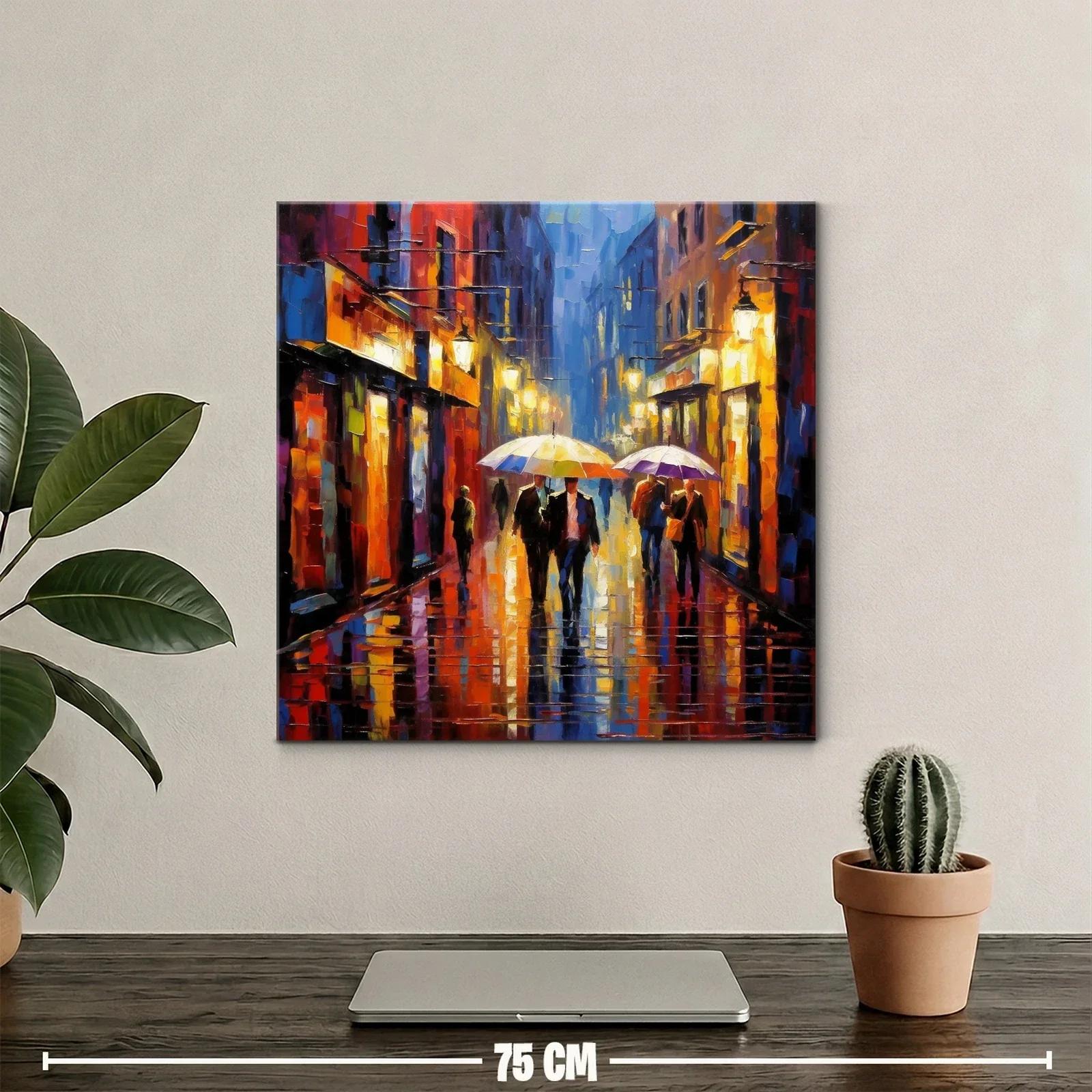 Calle lluviosa con paraguas en tonos cálidos y vibrantes — miniatura 2