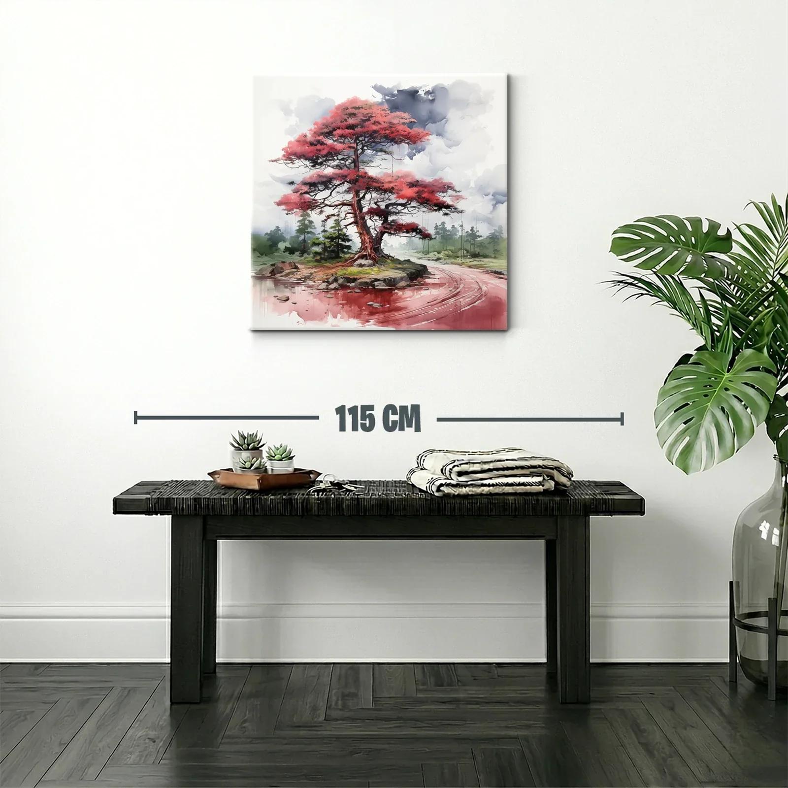 Árbol rojo junto al río en paisaje tranquilo y etéreo — miniatura 2
