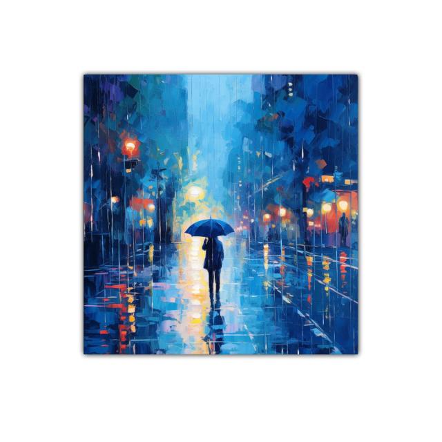 Camino bajo la lluvia con reflejos urbanos vibrantes