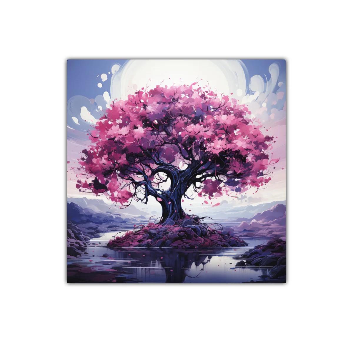 Árbol con flores rosas en paisaje sereno y reflexivo