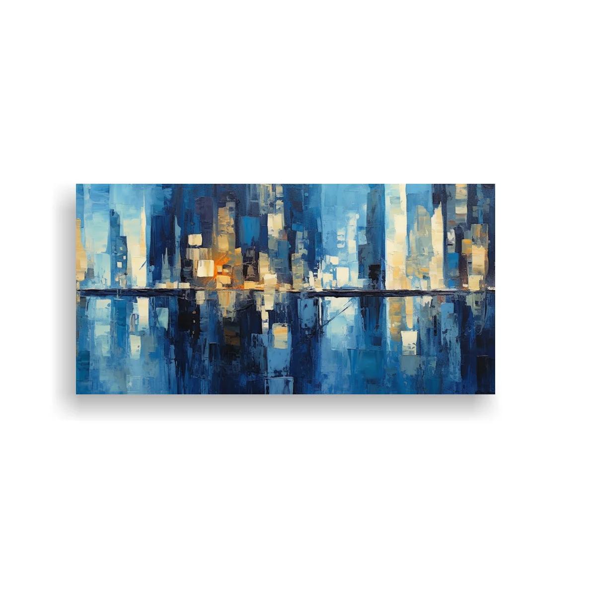Cuadro skyline urbano con reflejo en agua oscura