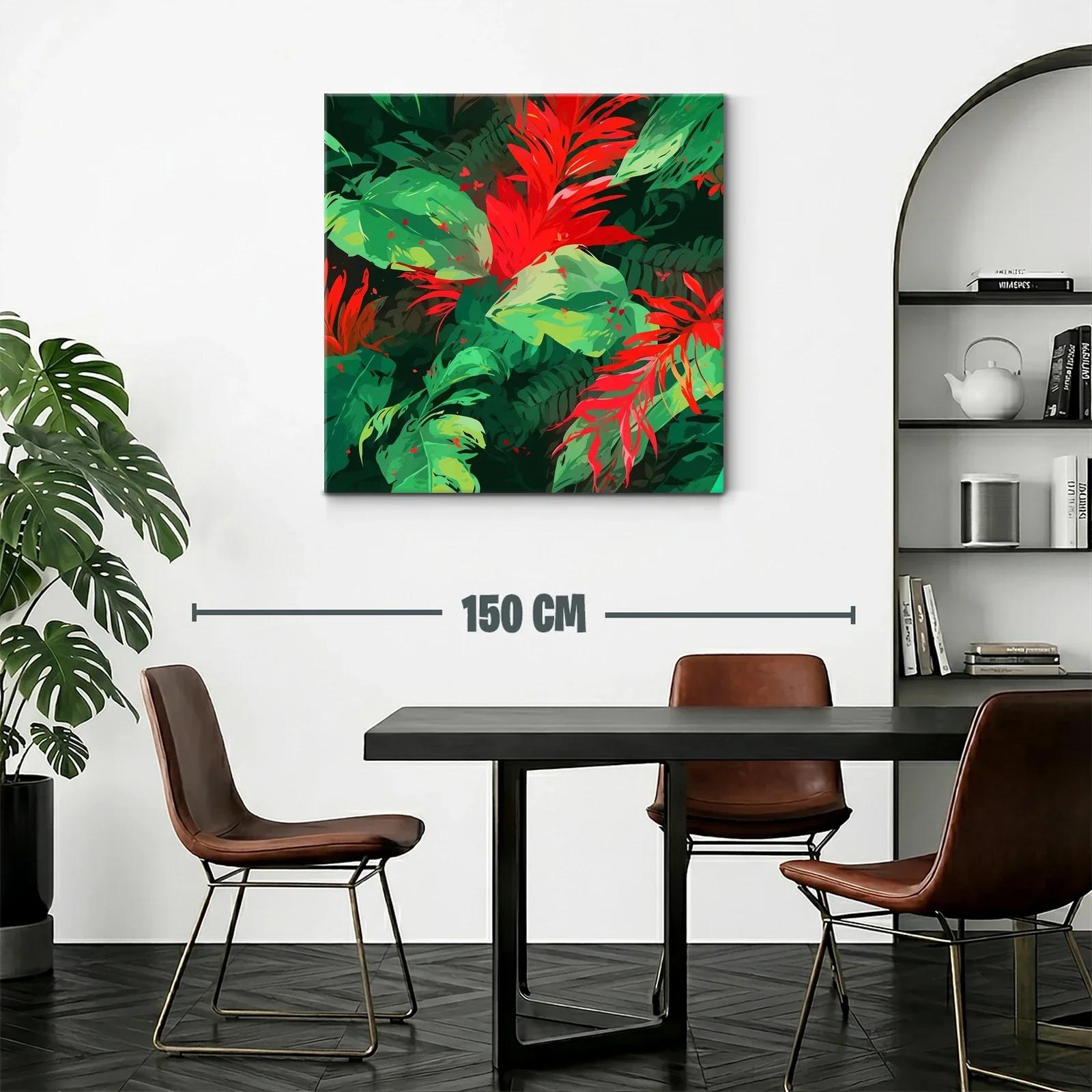 Vibrante cuadro con hojas y flores tropicales rojas y verdes — miniatura 2