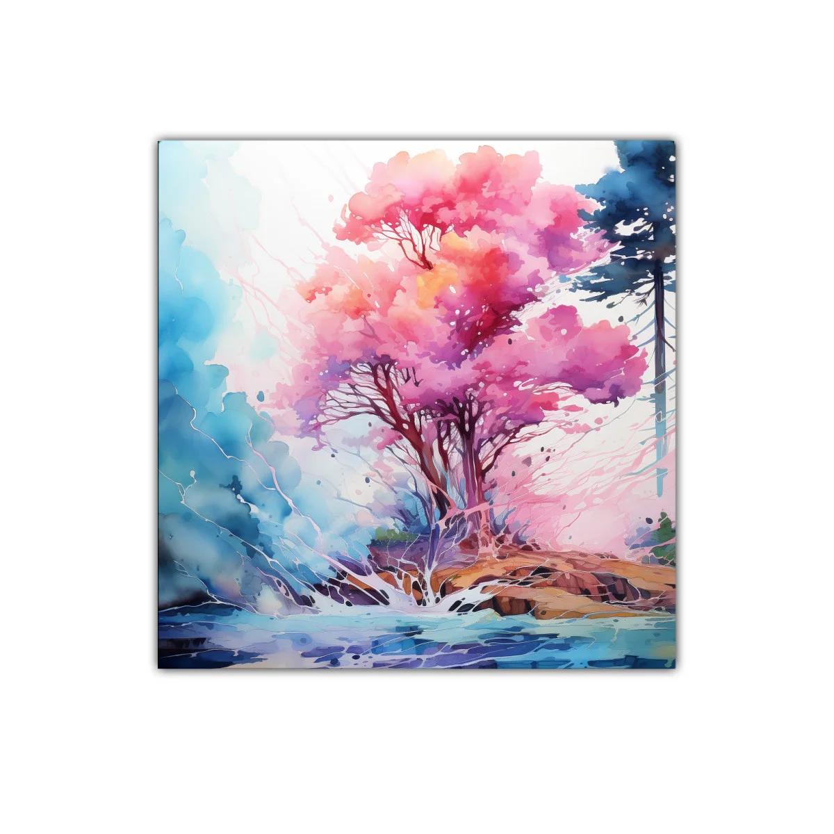 Árbol con vibrantes tonos rosas y azules en paisaje sereno — imagen principal