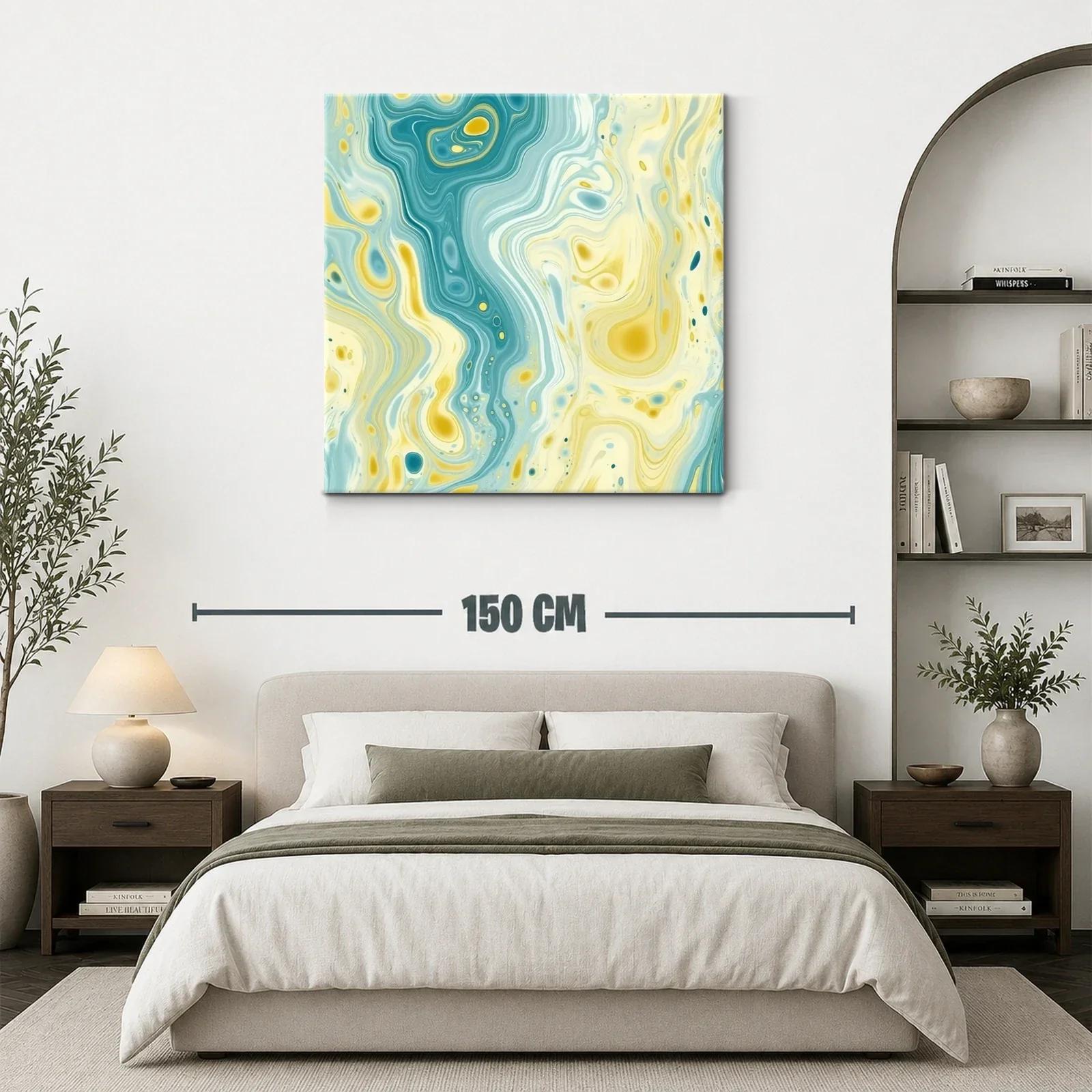 Cuadro abstracto con fluidas formas y tonos aqua y amarillo — miniatura 3