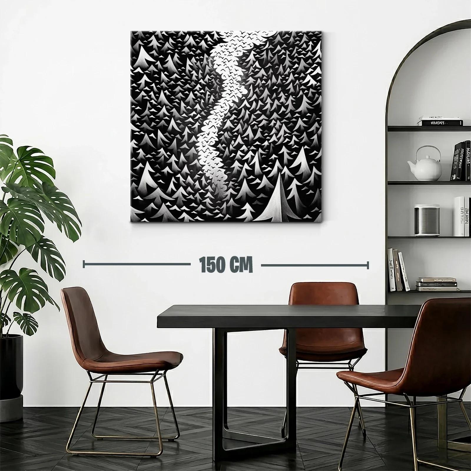 Bosque en blanco y negro con cielo lleno de aves — miniatura 2