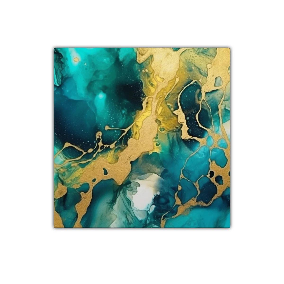 Cuadro abstracto con tonos turquesa y dorados vibrantes