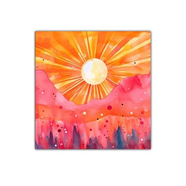 Atardecer vibrante con montañas rosa y sol radiante