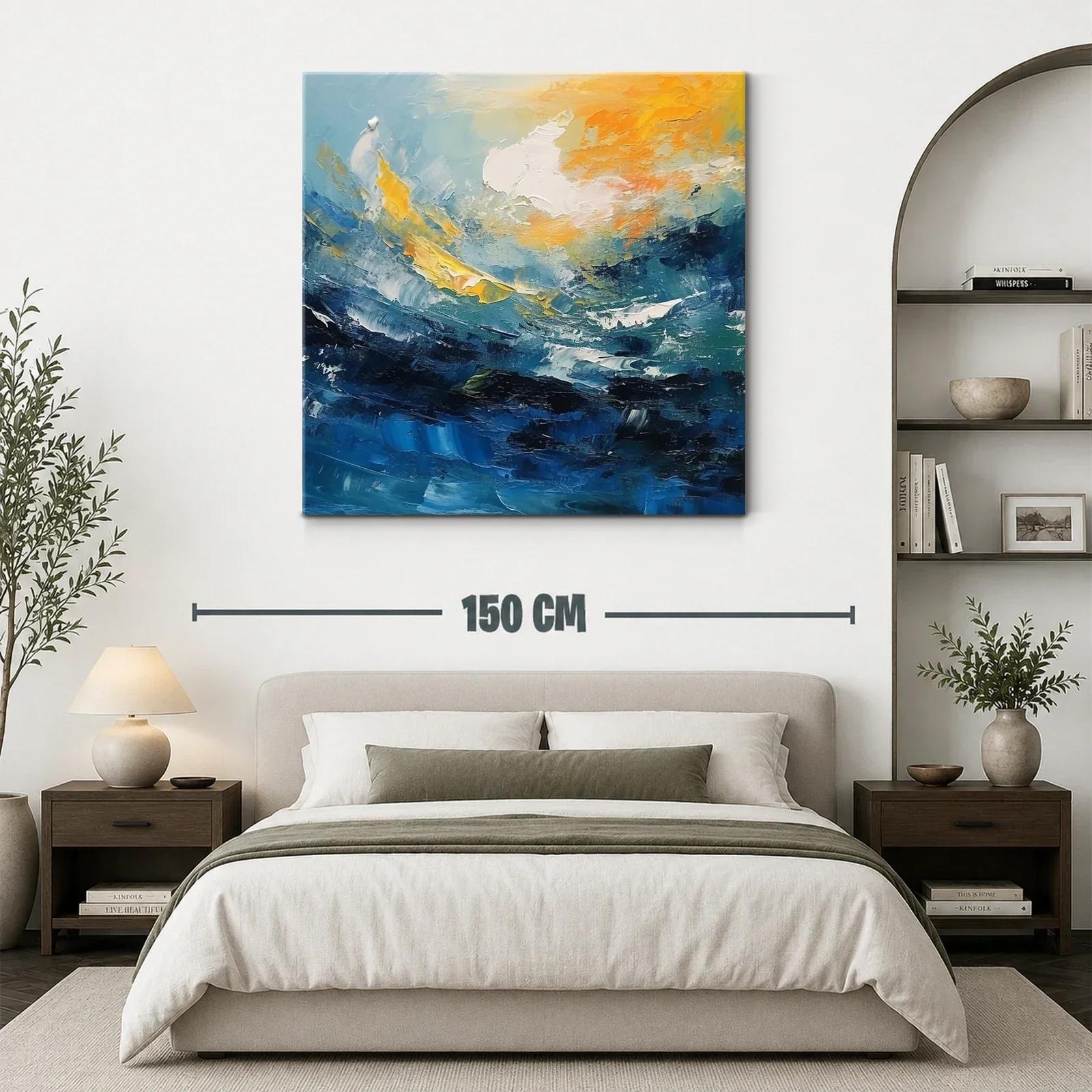 Cuadro abstracto con dinámicas olas y cielo en tonos cálidos — miniatura 3
