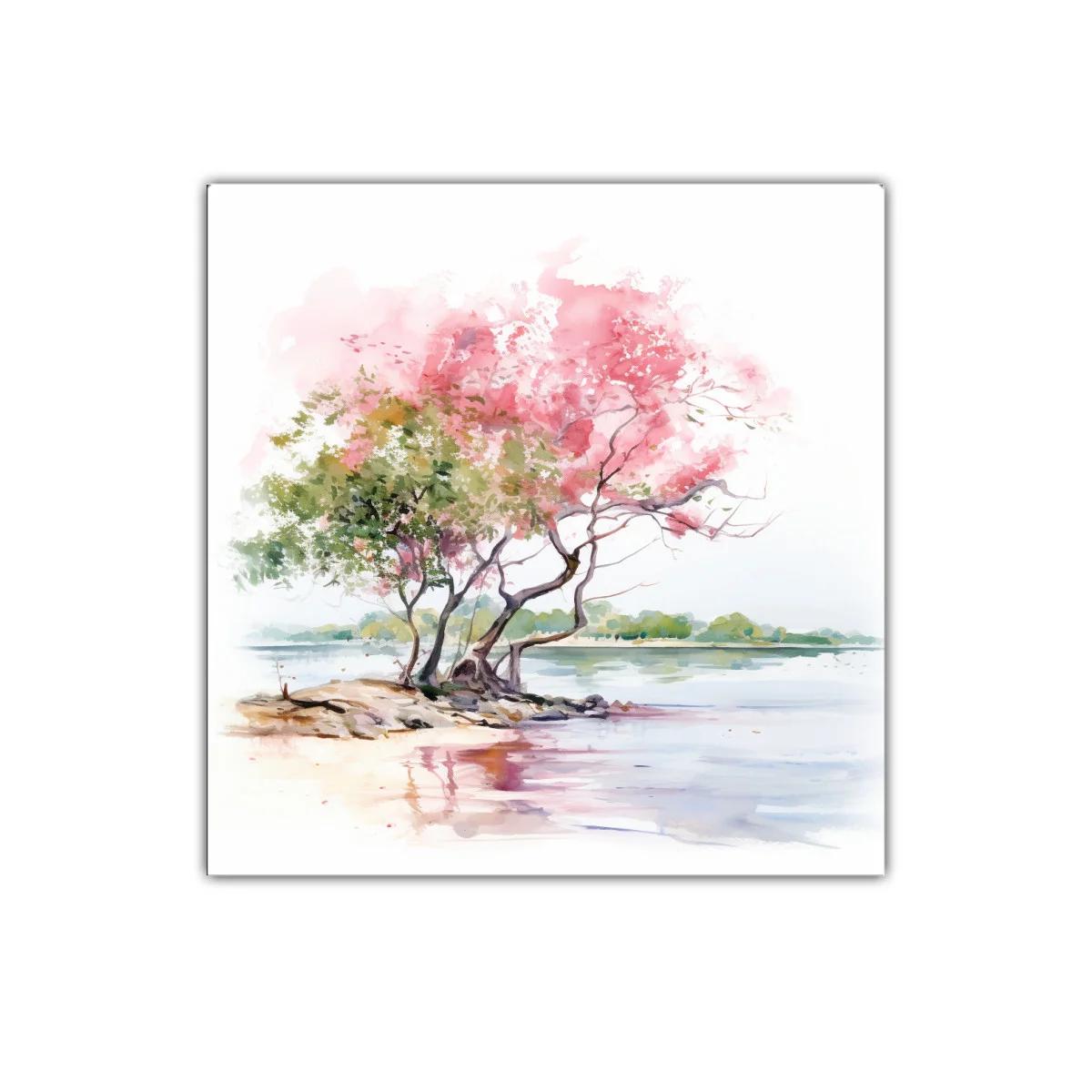 Paisaje sereno con árboles en tonos rosados junto al agua — imagen principal