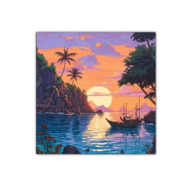 Atardecer tropical con barcas en paisajes serenos
