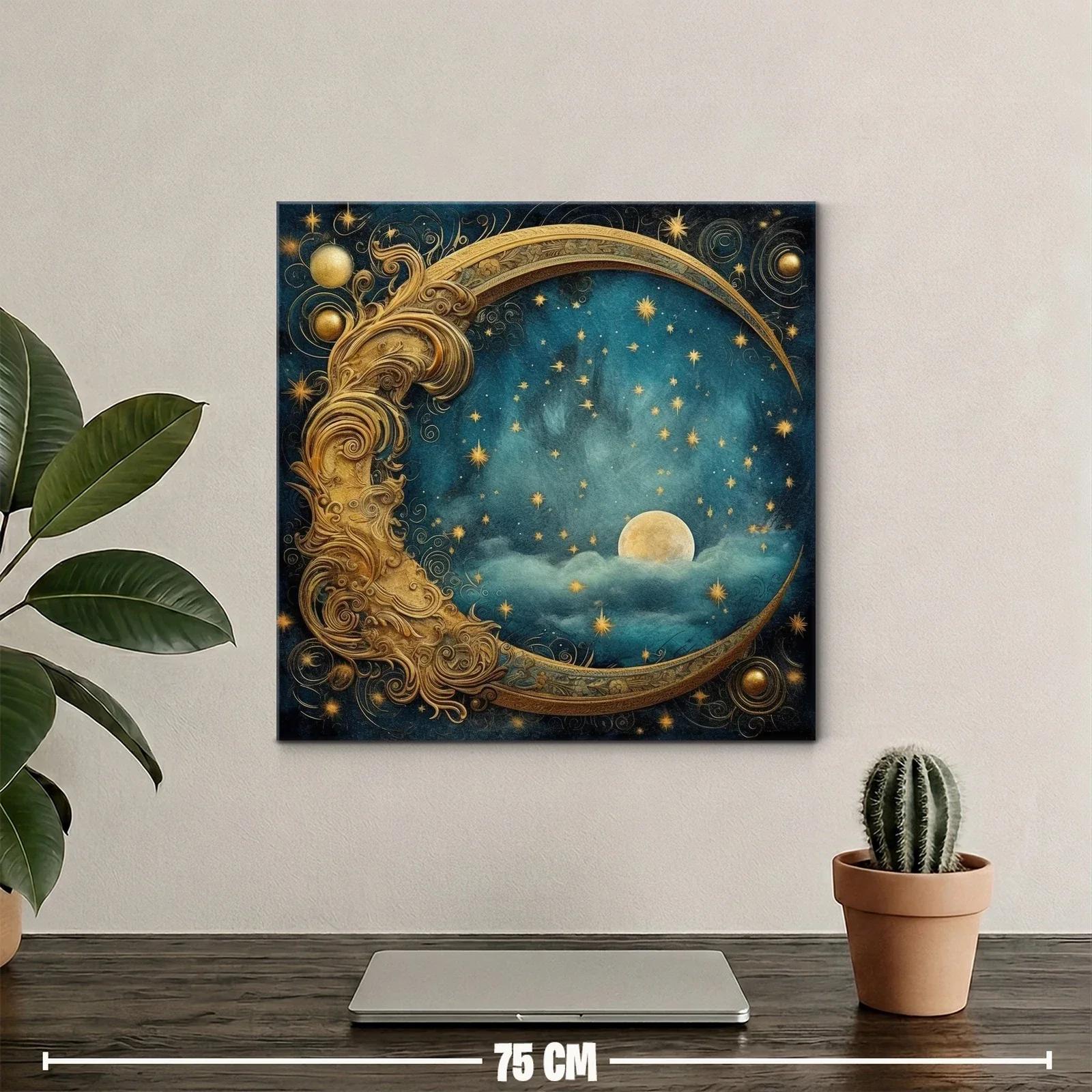 Luna Dorada entre Estrellas en Cielo Nocturno Azul Profundo — miniatura 2