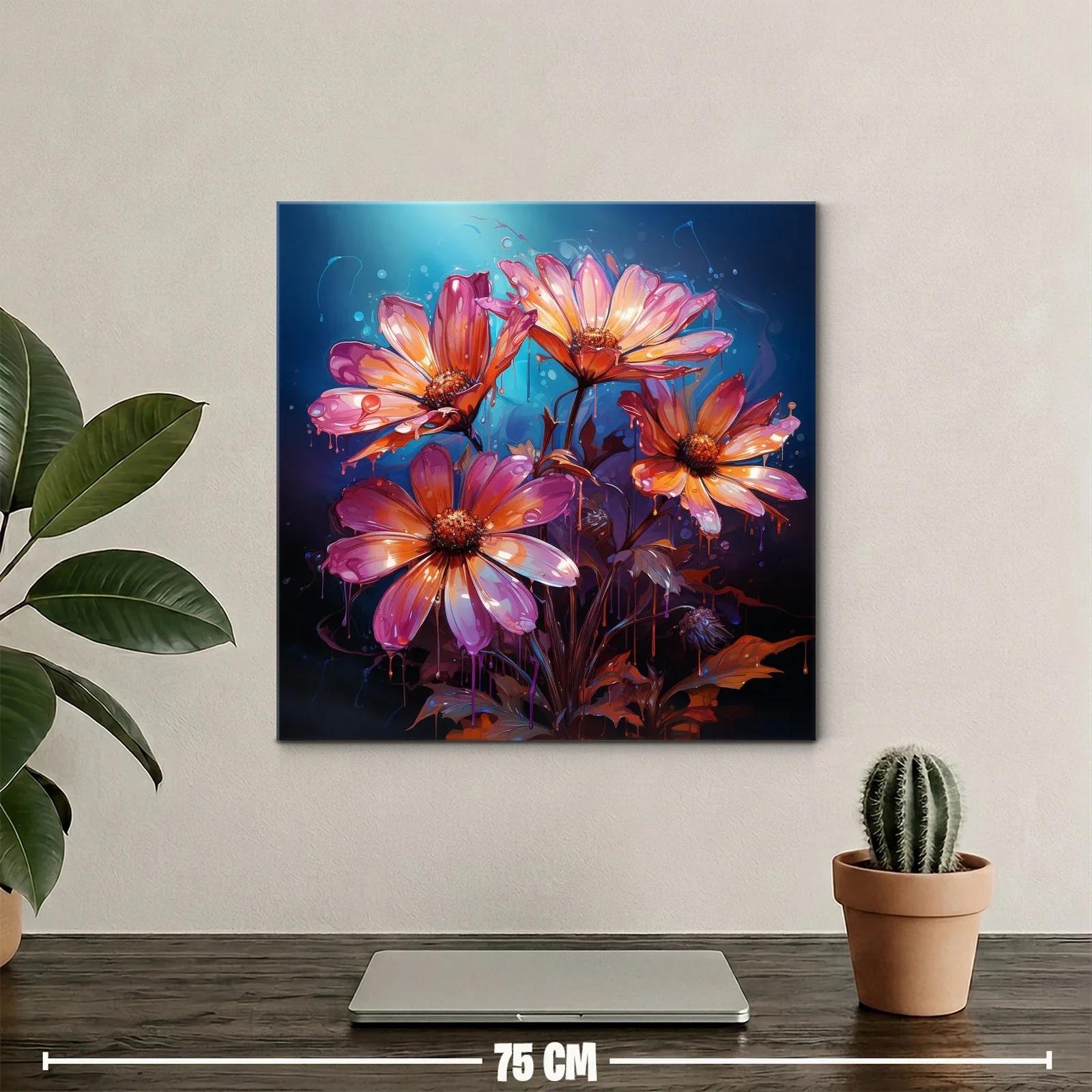 Cuadro floral vibrante con tonos cálidos y fondo azul oscuro — miniatura 2