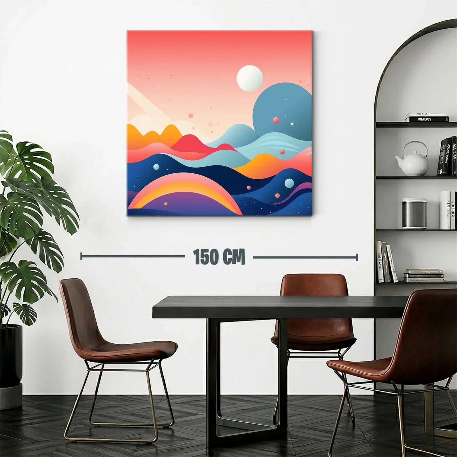 Cuadro abstracto con montañas y planetas en tonos vibrantes — miniatura 2