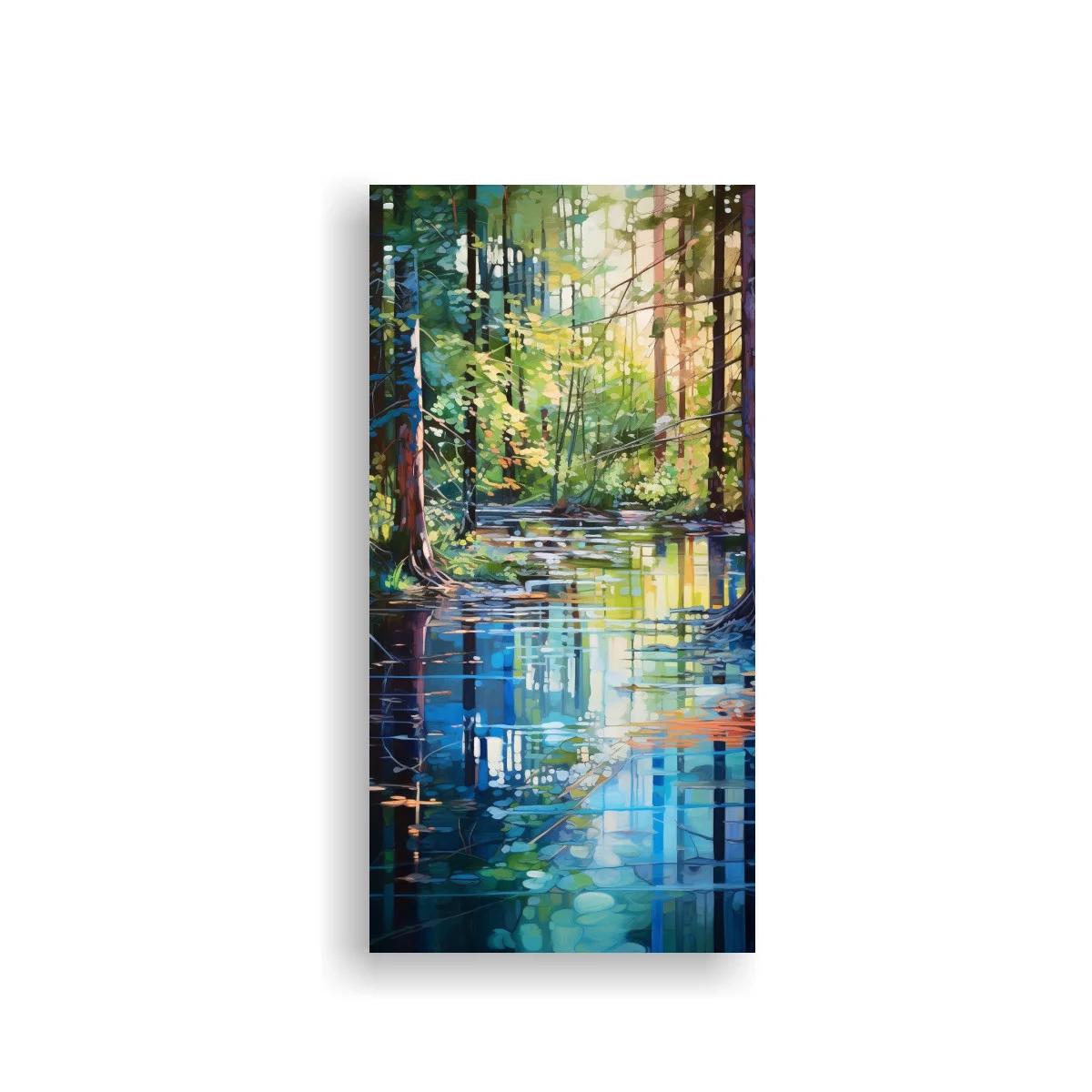 Cuadro bosque junto a un estanque con reflejos azulados