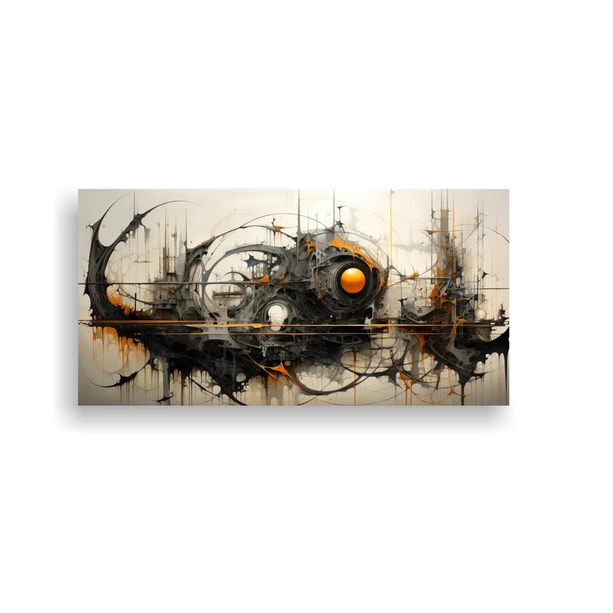 Cuadro abstracción mecánica con núcleo circular naranja