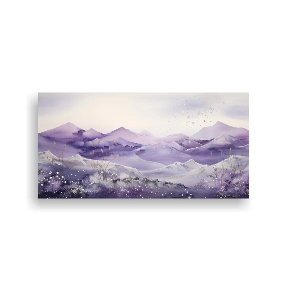 Cuadro cordillera de montañas violetas con bandada de pájaros