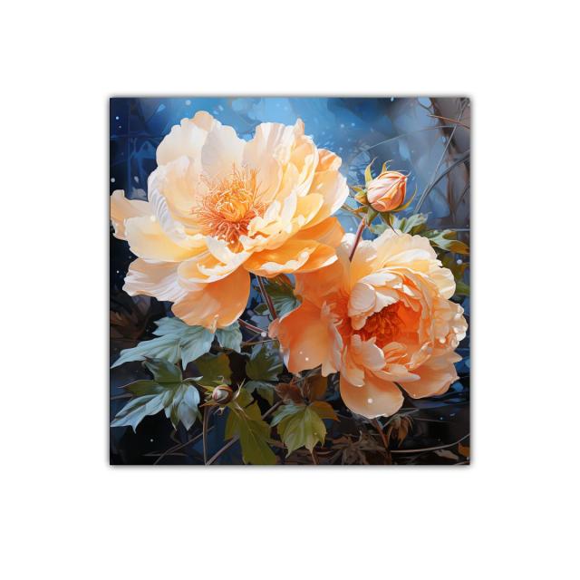 Cuadro con delicadas flores en tonos durazno y azul noche