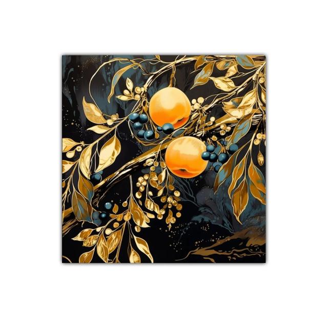 Cuadro decorativo con frutas y hojas doradas sobre fondo oscuro