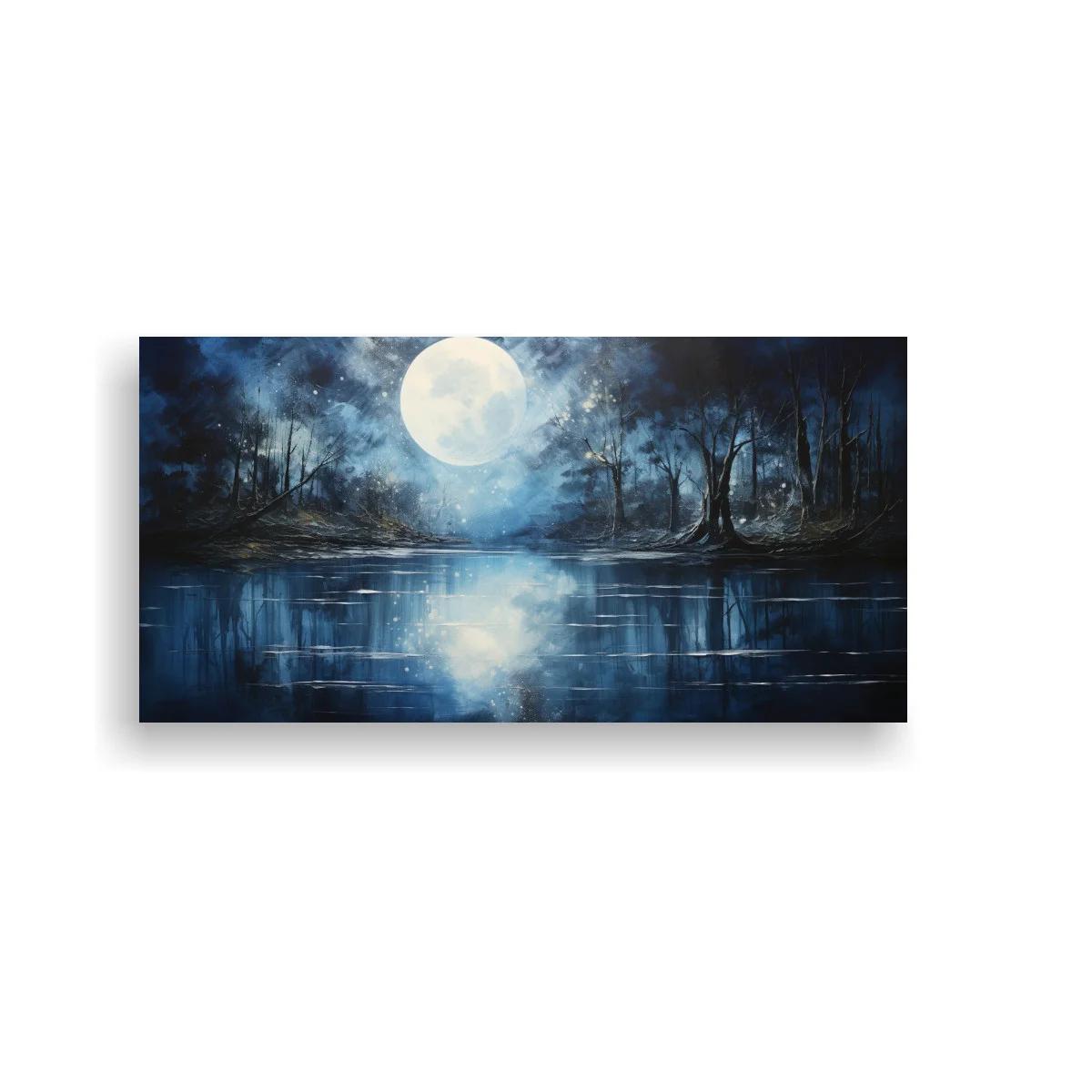 Cuadro luna llena sobre un lago con reflejo plateado