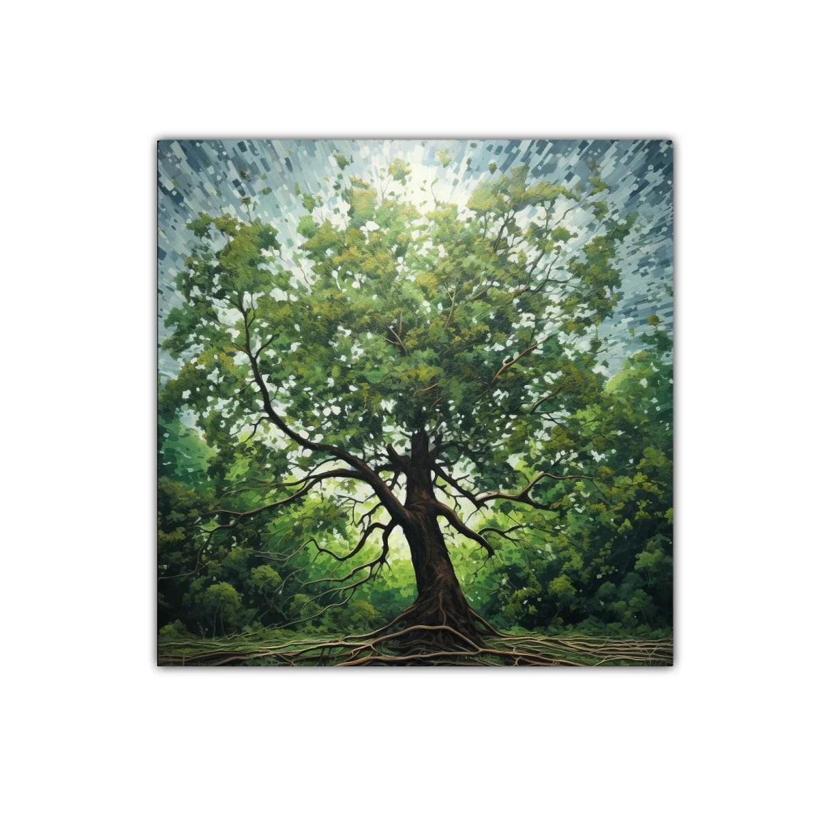 Árbol frondoso iluminado con raíces visibles y cielo radiante
