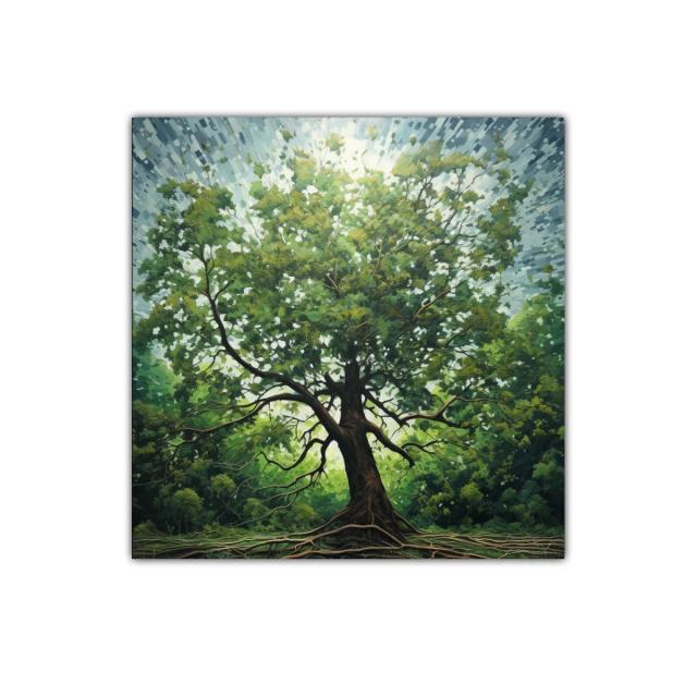 Árbol frondoso iluminado con raíces visibles y cielo radiante