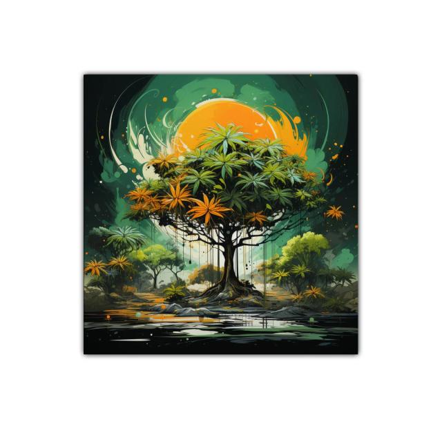 Árbol vibrante con tonos verdes y naranjas bajo sol intenso