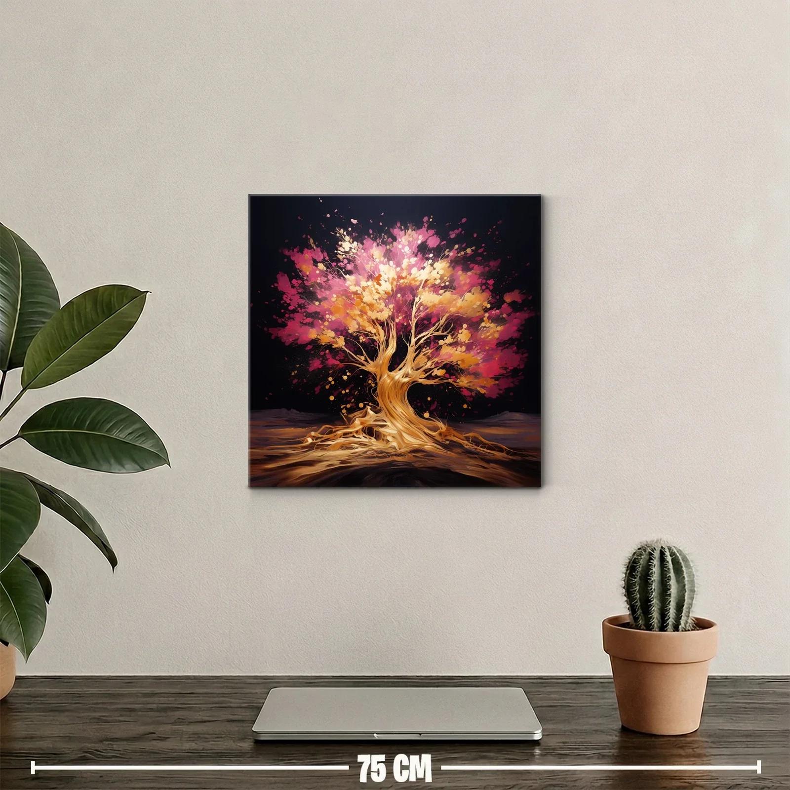 Árbol vibrante con tonos dorados y rosas en fondo oscuro — miniatura 2