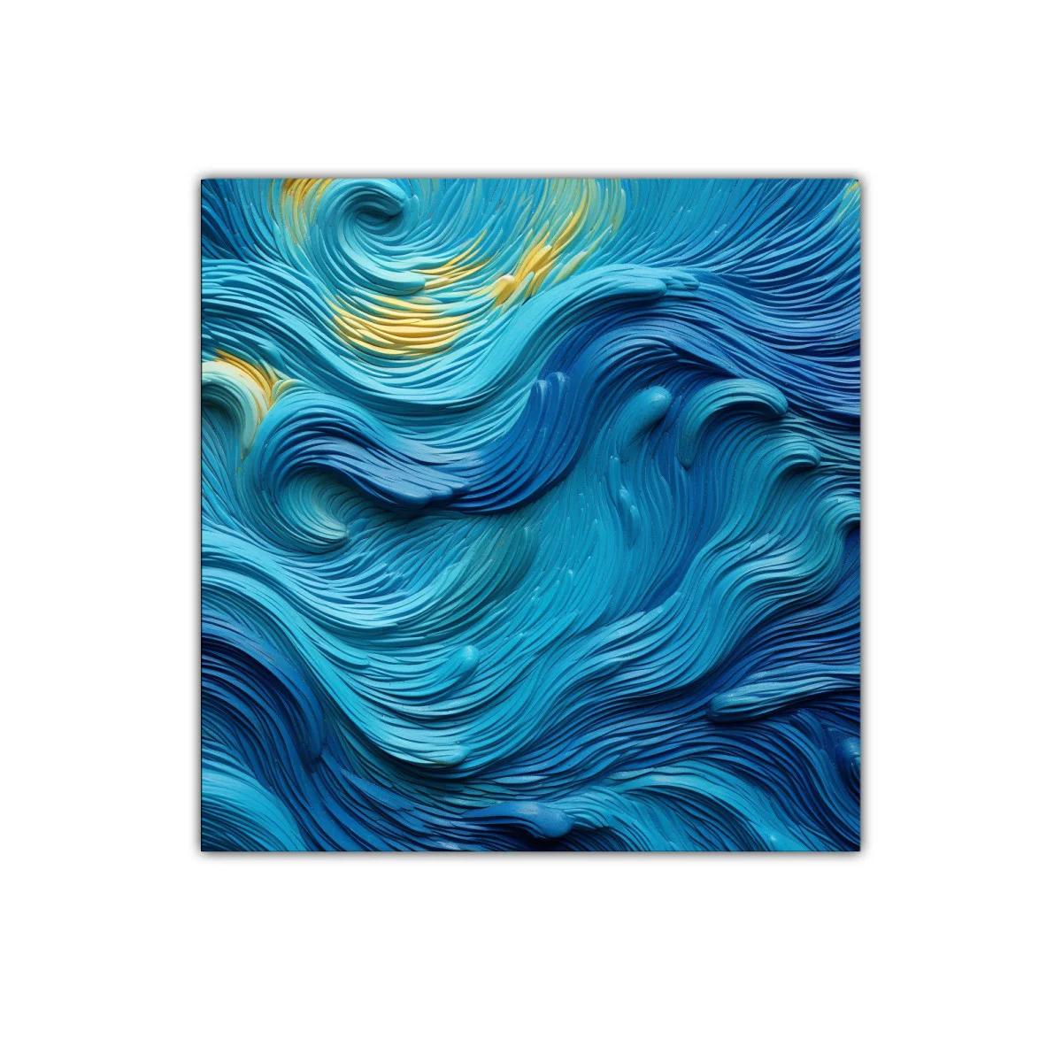 Cuadro abstracto con ondas en tonos azules y toques dorados