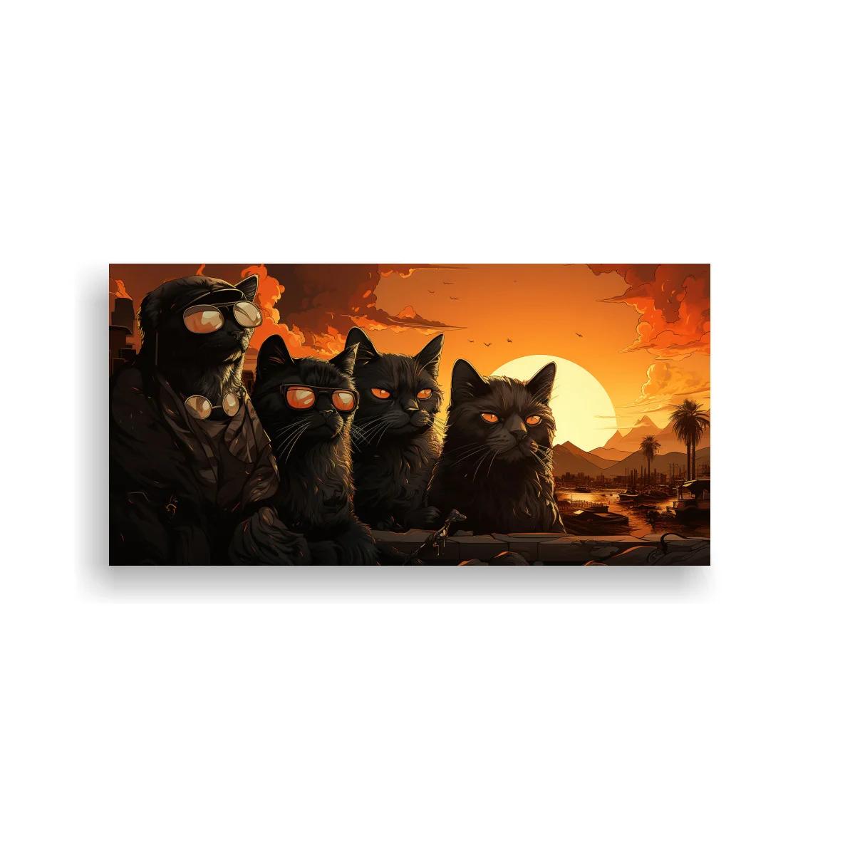 Cuadro cuatro gatos negros con ojos brillantes y sol poniente