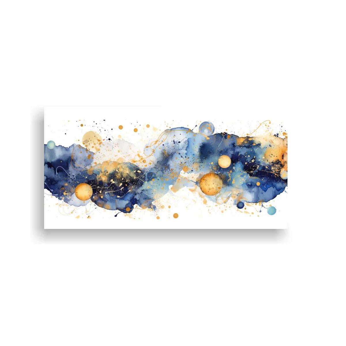 Cuadro mancha abstracta en acuarela con burbujas doradas