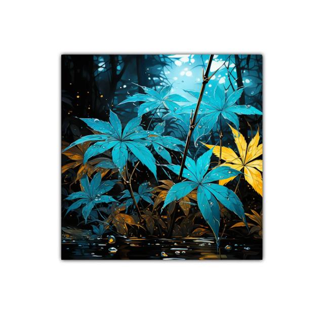 Hojas vibrantes entre luces y naturaleza azul y amarilla