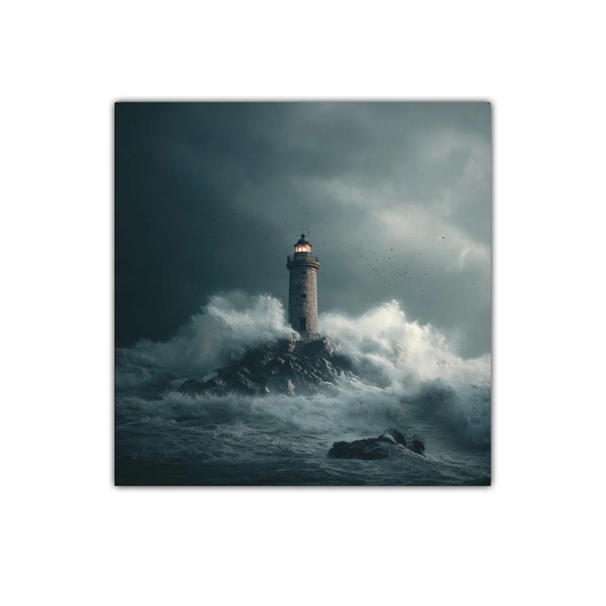 Faro solitario en tormenta rugiente sobre rocas oscuras — miniatura 1
