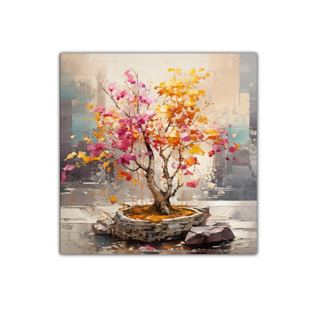 Árbol colorido con hojas otoñales sobre base de piedra