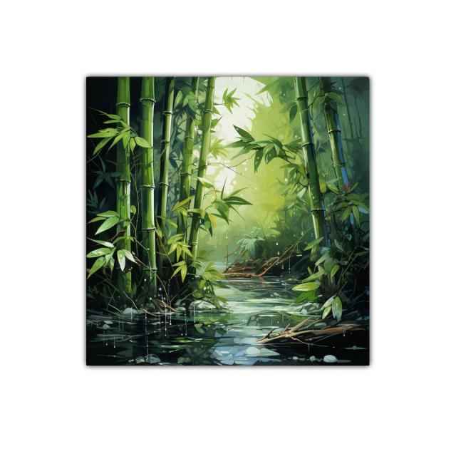 Serenidad en bosque de bambú con reflejos de agua