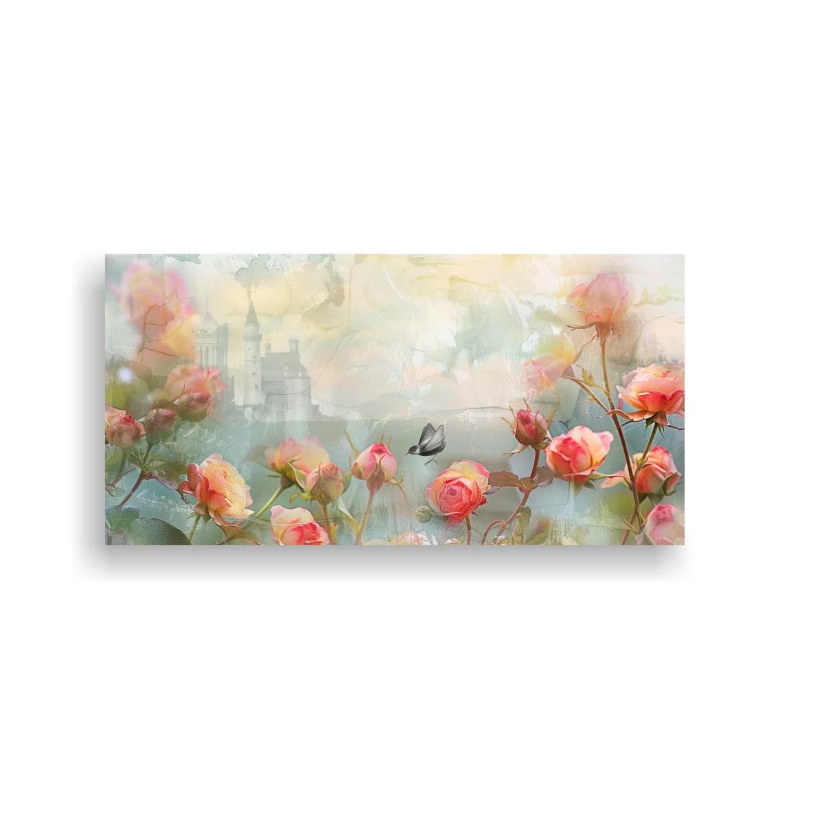 Cuadro de rosas rosadas con mariposa y cielo brumoso