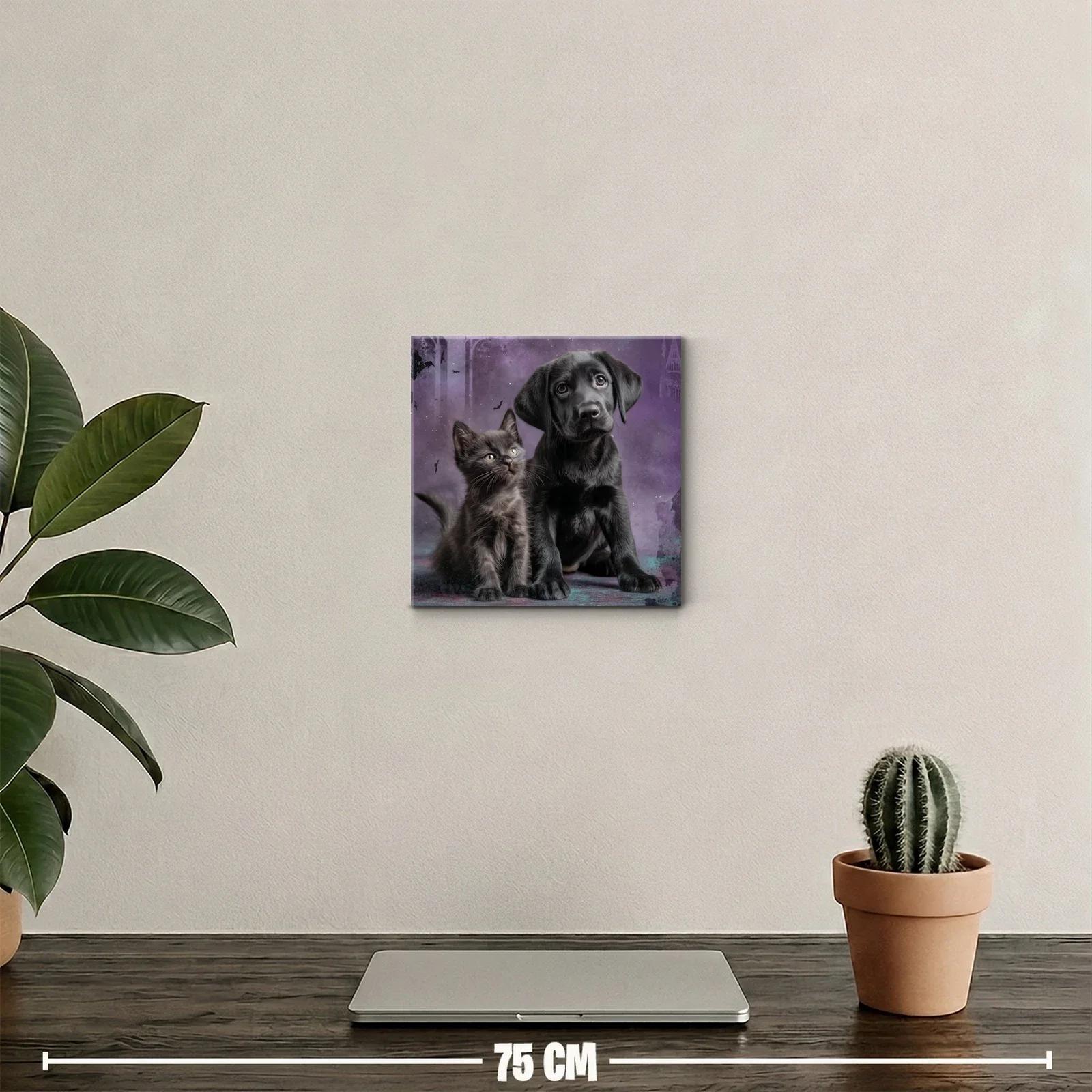 Tierno cuadro de cachorro y gatito sobre fondo violeta — miniatura 2