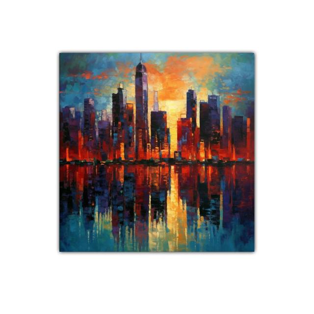 Atardecer vibrante sobre skyline urbano con reflejos dorados