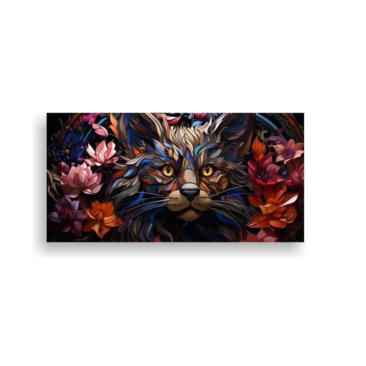 Cuadro león con melena azul y flores en marco circular
