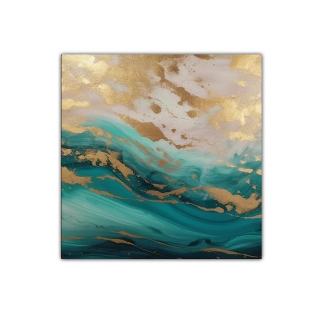 Cuadro abstracto con efecto dorado y tonos turquesa y azul