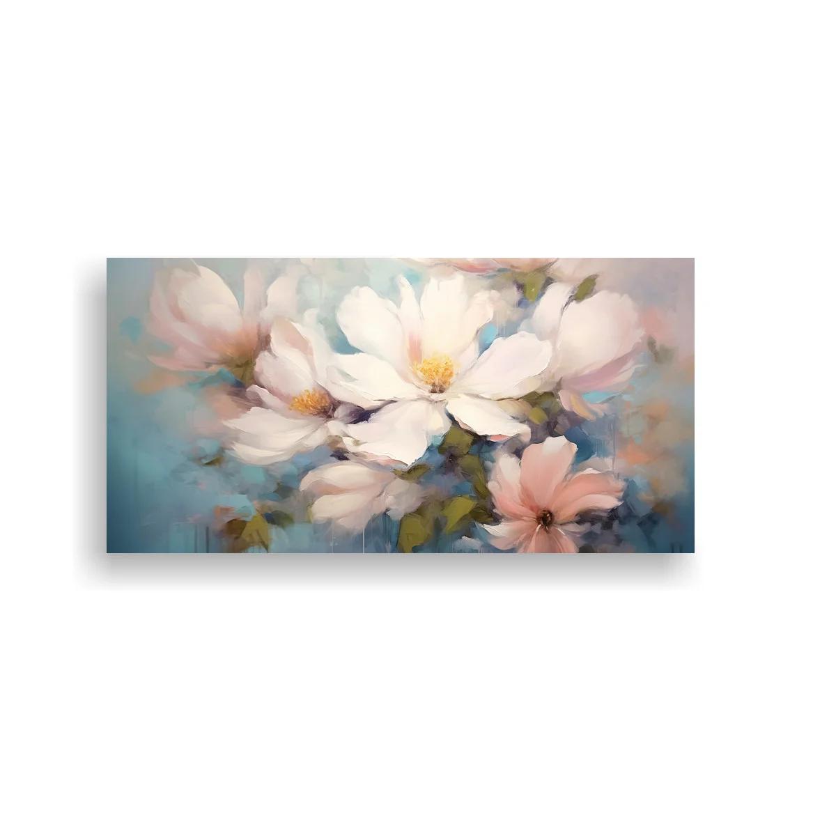 Cuadro de magnolias blancas con fondo azul suave