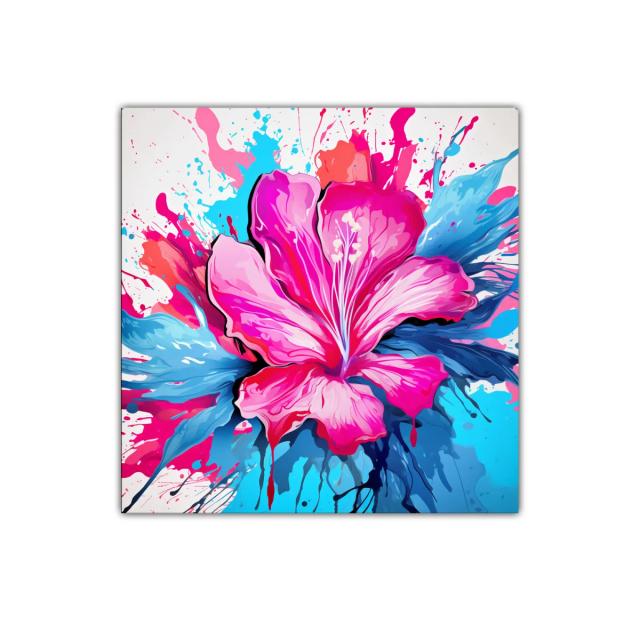 Cuadro floral vibrante con explosión de color rosa y azul