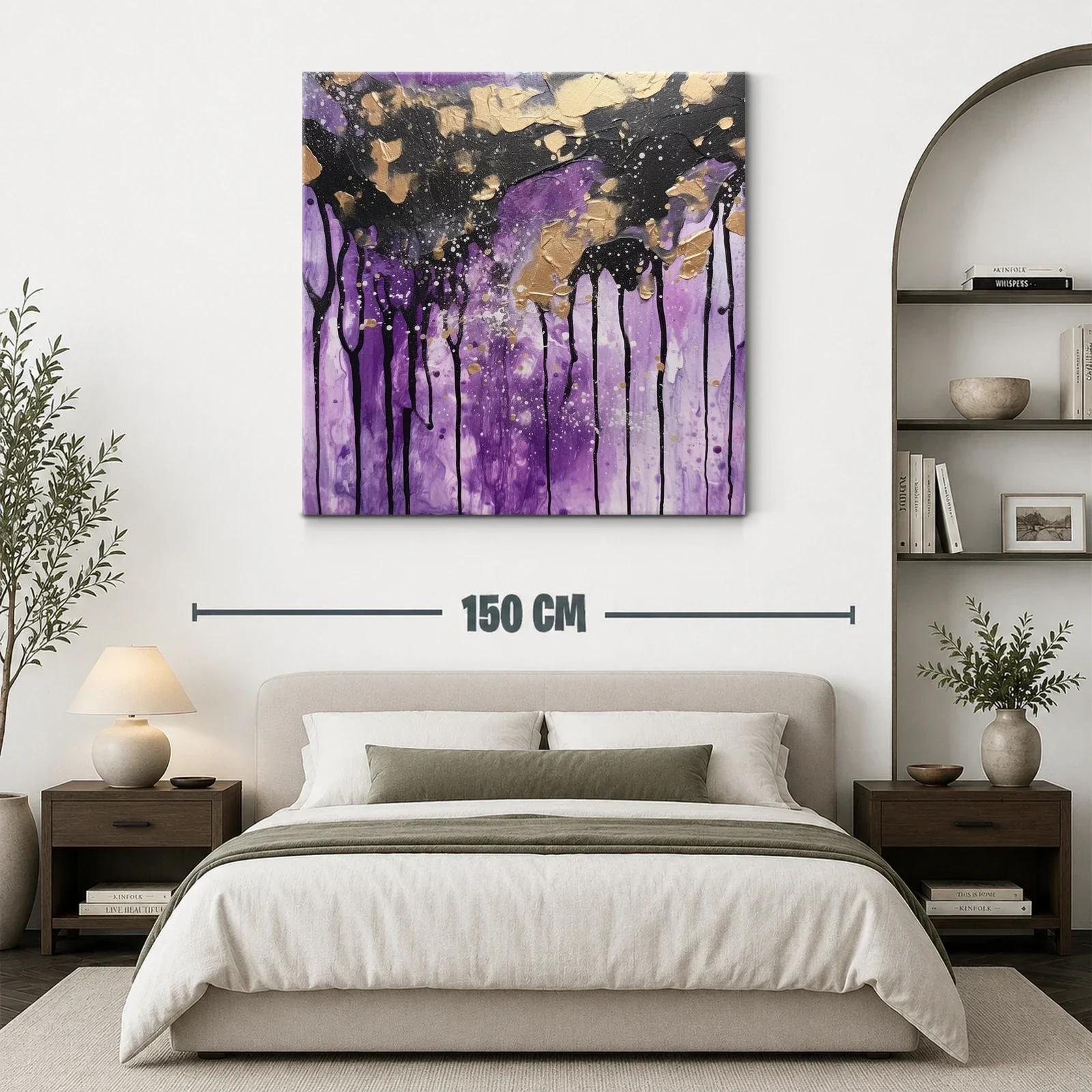 Cuadro abstracto con tonos violetas y detalles dorados — miniatura 3