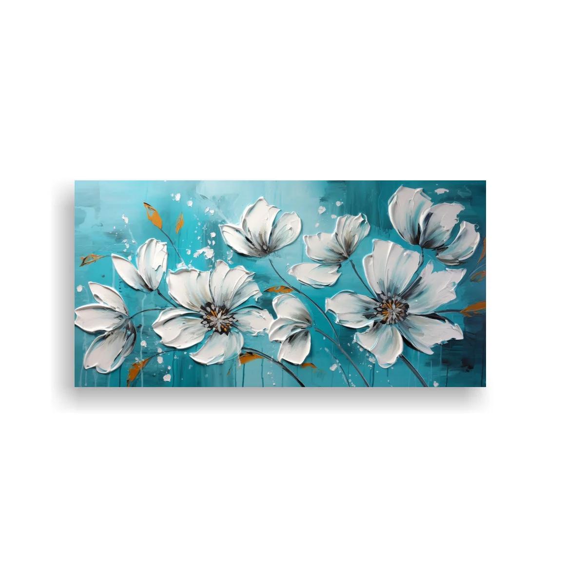 Cuadro de flores blancas tipo magnolia con fondo azul turquesa