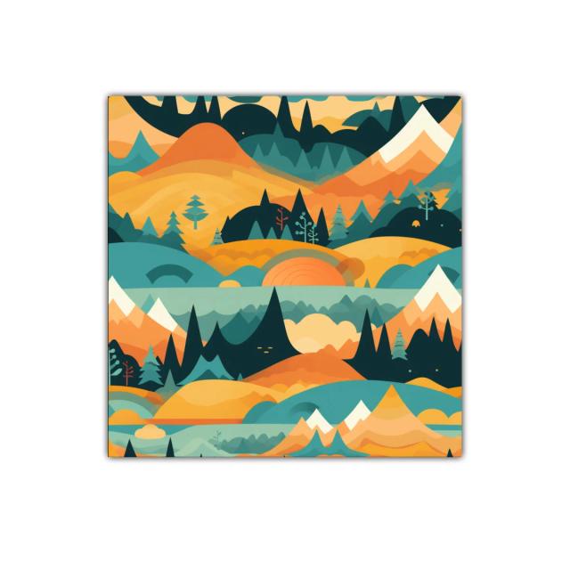 Paisaje abstracto con montañas y bosques en tonos cálidos