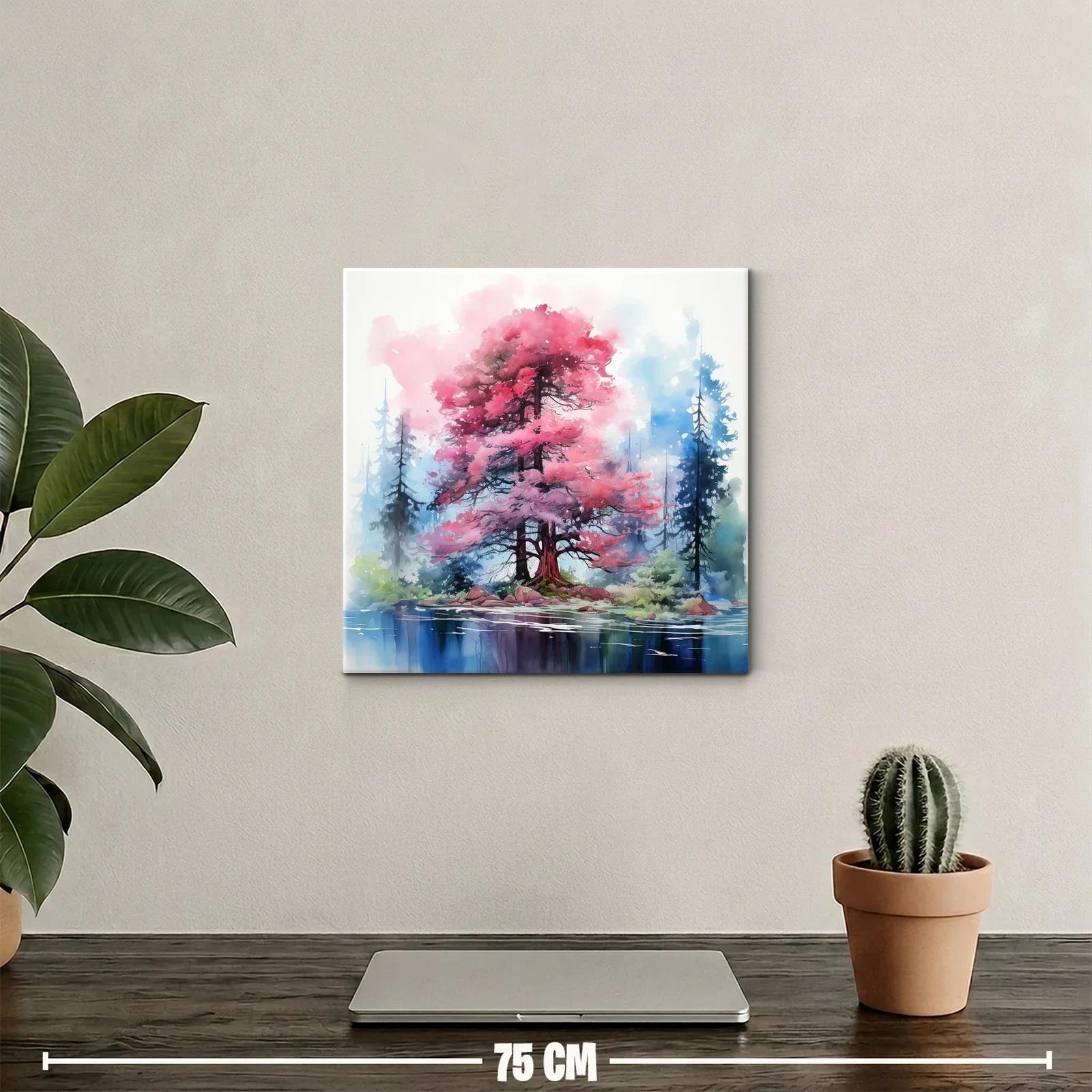 Árbol en tonos rosas y azules sobre lago sereno y bosques — miniatura 2