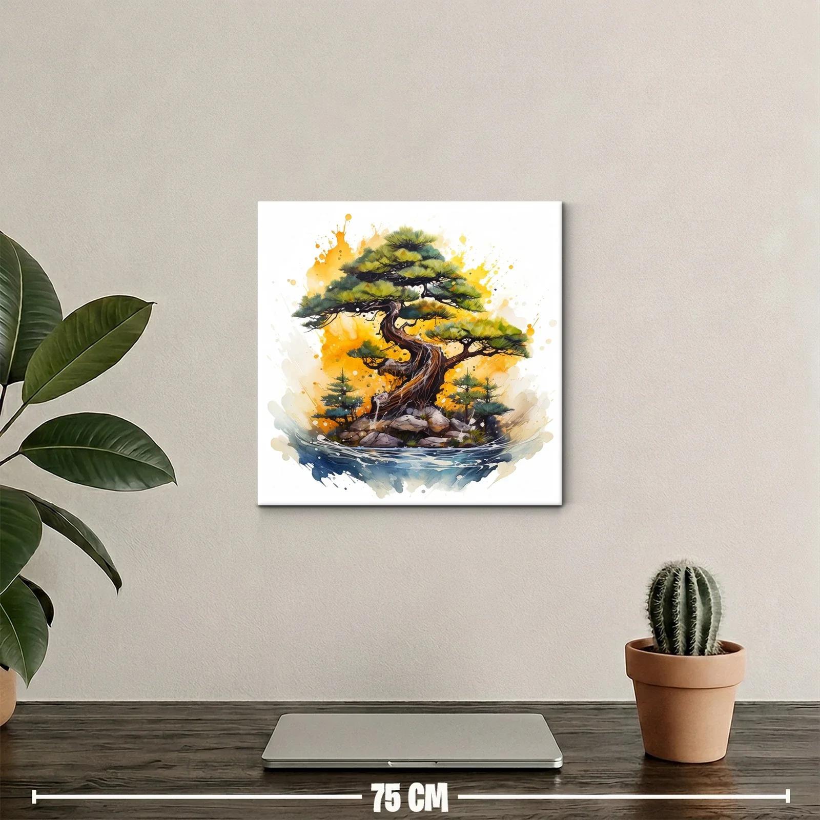 Árbol bonsái con paisaje vibrante y acuarela expresiva — miniatura 2
